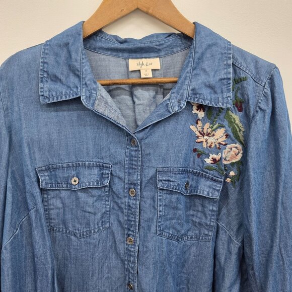 Style & Co Blue Chambray Embroidered Button-Up Shirt Lace-Up Back 1X Boho - Picture 9 of 14